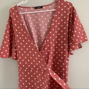 Rosy pink polka dot wrap midi dress